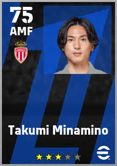Takumi Minamino eFootball 2026 player card — 75 OVR AMF