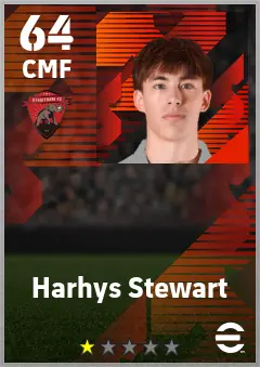 Harhys Stewart eFootball 2026 player card — 64 OVR CMF