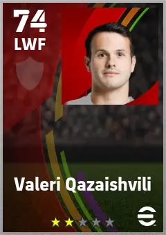 Valeri Qazaishvili eFootball 2026 player card — 74 OVR LWF