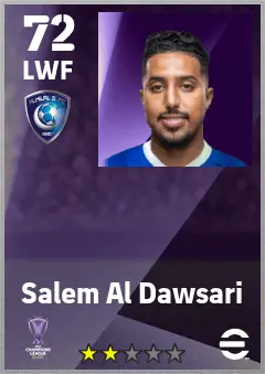 Salem Al Dawsari eFootball 2026 player card — 72 OVR LWF