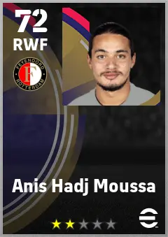 Anis Hadj Moussa eFootball 2026 player card — 72 OVR RWF