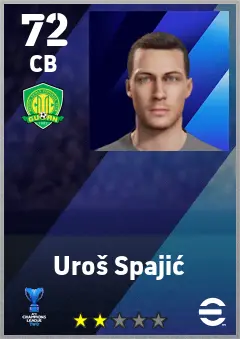 Uros Spajic eFootball 2026 player card — 72 OVR CB