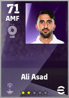 Ali Asad eFootball 2026 player card — 71 OVR AMF