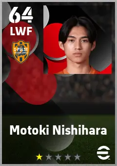 Motoki Nishihara eFootball 2026 player card — 64 OVR LWF