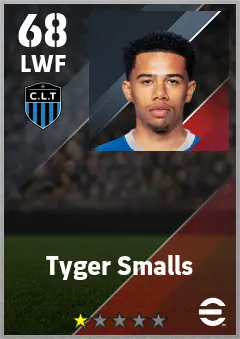 Tyger Smalls eFootball 2026 player card — 68 OVR LWF