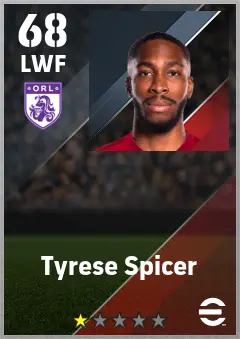 Tyrese Spicer eFootball 2026 player card — 68 OVR LWF