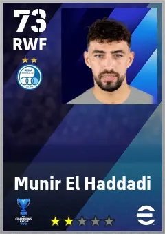 Munir El Haddadi eFootball 2026 player card — 73 OVR RWF