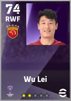 Wu Lei eFootball 2026 player card — 74 OVR RWF