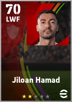 Jiloan Hamad eFootball 2026 player card — 70 OVR LWF