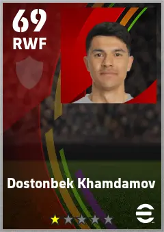 Dostonbek Khamdamov eFootball 2026 player card — 69 OVR RWF