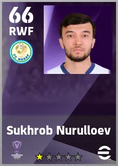 Sukhrob Nurulloev eFootball 2026 player card — 66 OVR RWF
