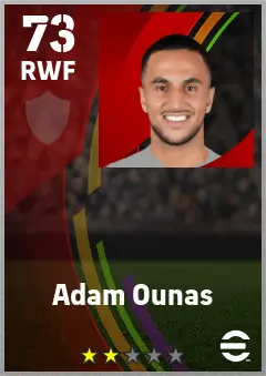 Adam Ounas eFootball 2026 player card — 73 OVR RWF