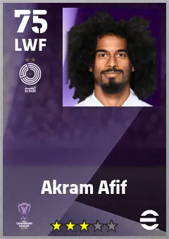 Akram Afif eFootball 2026 player card — 75 OVR LWF
