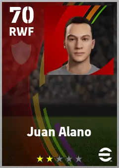 Juan Alano eFootball 2026 player card — 70 OVR RWF
