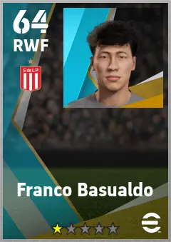 Franco Basualdo eFootball 2026 player card — 64 OVR RWF
