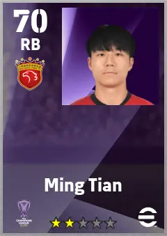 Ming Tian eFootball 2026 player card — 70 OVR RB