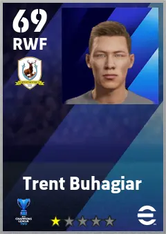 Trent Buhagiar eFootball 2026 player card — 69 OVR RWF