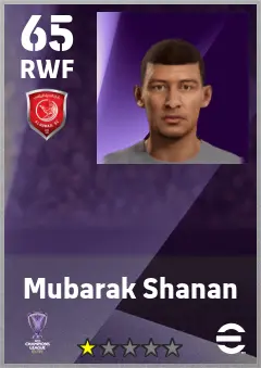 Mubarak Shanan eFootball 2026 player card — 65 OVR RWF