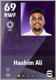Hashim Ali eFootball 2026 player card — 69 OVR RWF