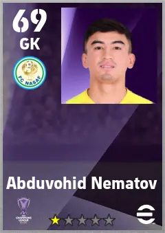 Abduvohid Nematov eFootball 2026 player card — 69 OVR GK