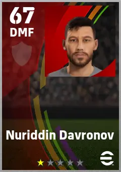 Nuriddin Davronov eFootball 2026 player card — 67 OVR DMF