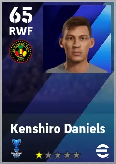 Kenshiro Daniels eFootball 2026 player card — 65 OVR RWF
