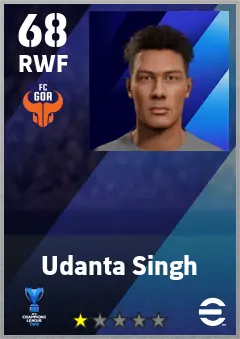 Udanta Singh eFootball 2026 player card — 68 OVR RWF