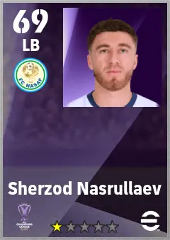Sherzod Nasrullaev eFootball 2026 player card — 69 OVR LB