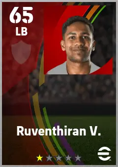 Ruventhiran V. eFootball 2026 player card — 65 OVR LB