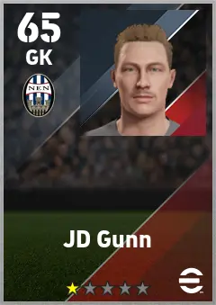 JD Gunn eFootball 2026 player card — 65 OVR GK