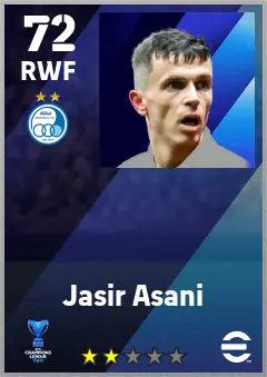 Jasir Asani eFootball 2026 player card — 72 OVR RWF