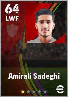 Amirali Sadeghi eFootball 2026 player card — 64 OVR LWF