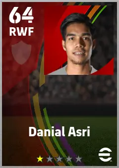 Danial Asri eFootball 2026 player card — 64 OVR RWF