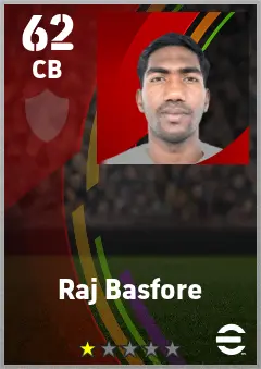 Raj Basfore eFootball 2026 player card — 62 OVR CB