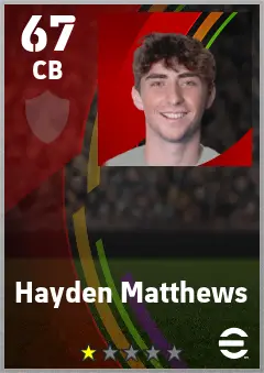 Hayden Matthews eFootball 2026 player card — 67 OVR CB