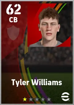 Tyler Williams eFootball 2026 player card — 62 OVR CB