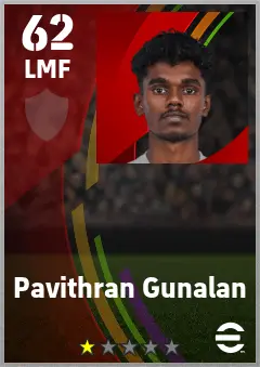Pavithran Gunalan eFootball 2026 player card — 62 OVR LMF