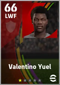 Valentino Yuel eFootball 2026 player card — 66 OVR LWF