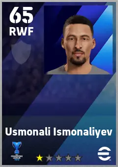 Usmonali Ismonaliyev eFootball 2026 player card — 65 OVR RWF