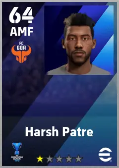 Harsh Patre eFootball 2026 player card — 64 OVR AMF