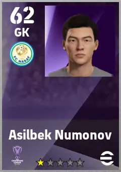 Asilbek Numonov eFootball 2026 player card — 62 OVR GK