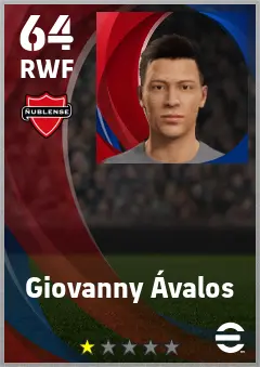 Giovanny Avalos eFootball 2026 player card — 64 OVR RWF