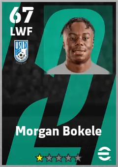 Morgan Bokele eFootball 2026 player card — 67 OVR LWF