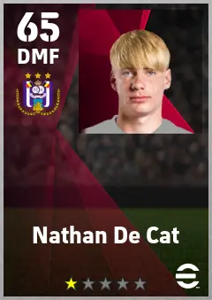 Nathan De Cat eFootball 2026 player card — 65 OVR DMF