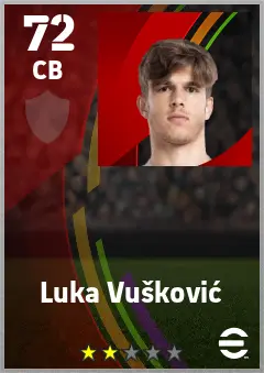 Luka Vuskovic eFootball 2026 player card — 72 OVR CB
