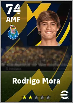 Rodrigo Mora eFootball 2026 player card — 74 OVR AMF