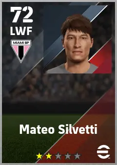 Mateo Silvetti eFootball 2026 player card — 72 OVR LWF