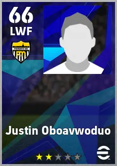 Justin Oboavwoduo eFootball 2026 player card, 66 OVR LWF