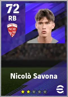 Nicolo Savona eFootball 2026 player card — 72 OVR RB