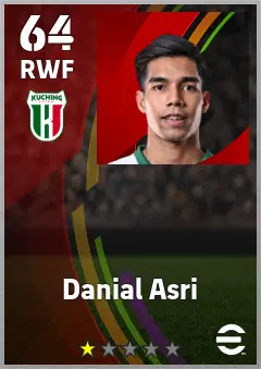 Danial Asri eFootball 2026 player card — 64 OVR RWF